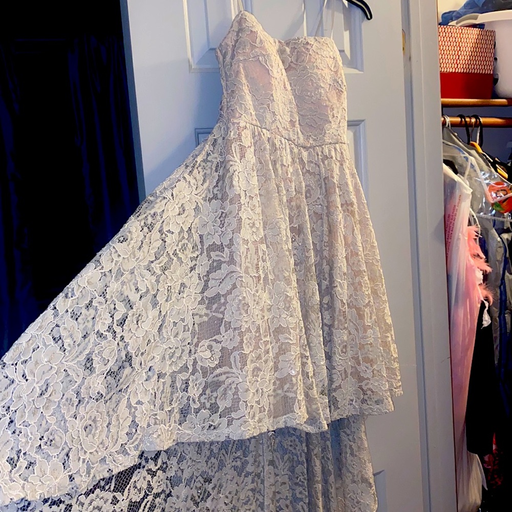 medium blush grey high low dress